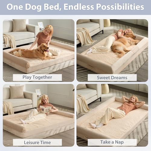Orthopedic Washable Human Dog Bed for Adult & Dog Cozy Sleep (71"l x 46"w x 7"th / Beige)
