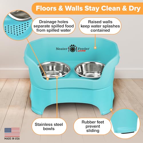 Neater Feeder Deluxe Mess Proof Dog Bowls Elevated for Large Dogs Over 40 lbs (Large with Standard Bowl / Aquamarine)