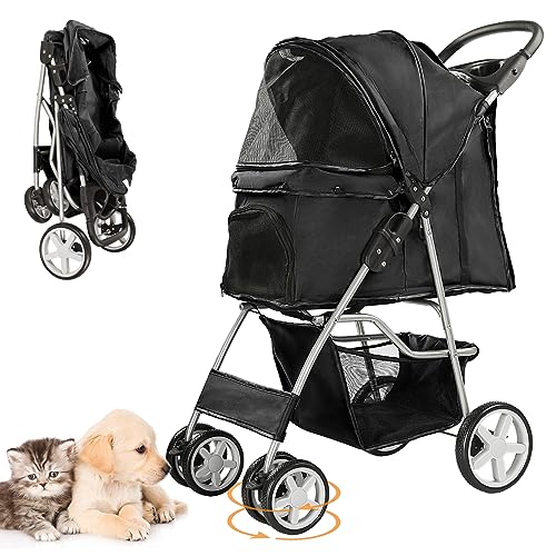 4 Wheel Pet Stroller for Small Dogs and Cats (Pure Black)
