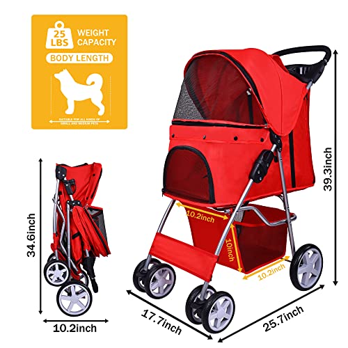 Pet Stroller 4 Wheels Multifunction Dog Cat Stroller (Red)