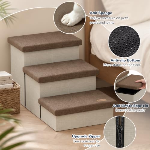 3 Step Wide Dog Stairs with Hidden Storage 18" H (Brown / 30"D x 17"W x 17.7"H)