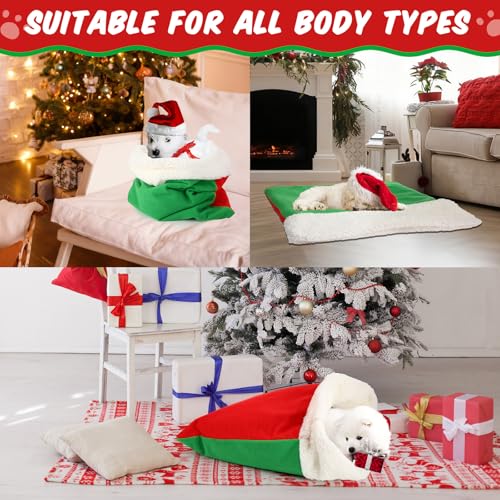 Self Heating Cat Sleeping Bag Self Warming Cat Cave Heated Pad Cozy Soft Winter Washable Wrap Red and Green Pet Sleeping Pouch Snuggle Sack for Puppy Dog Kitten (Christmas / Red and Green)