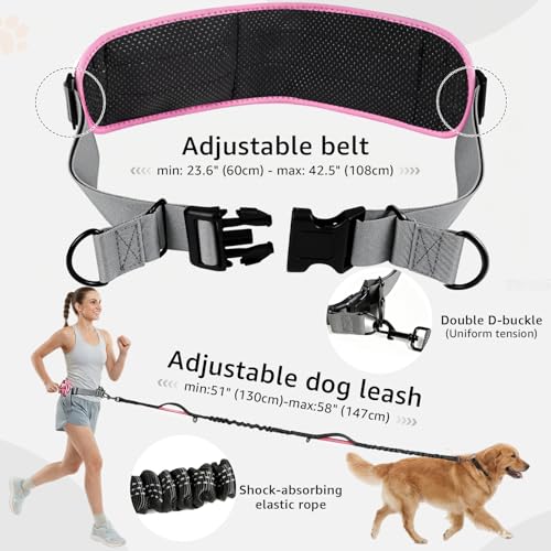 Hands Free Dog Leash with Waist Pack Bungee for Running Pink (Pink)