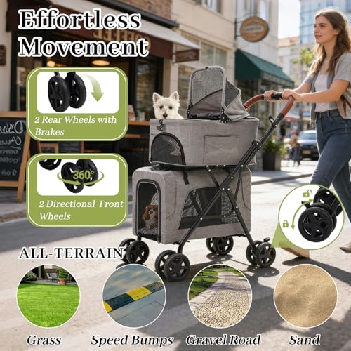 Double Pet Stroller with Detachable Carriers (Double-Grey)