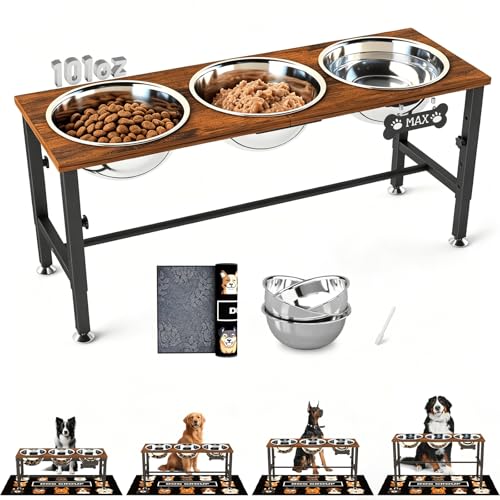 Adjustable Height Elevated Dog Bowl Stand for Large & Extra Large Dogs (Brown-3L-Three)