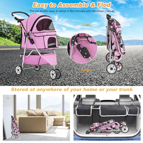 3 Wheels Pet Dog Stroller Cat Cage Jogger Stroller Cats Travel Folding Carrier Waterproof with Cup Holder & Removable Liner (Pink / 3 Wheels)