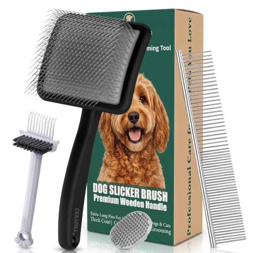 Slicker Brush for Dogs Grooming Kit with Cleaning Rake Tool 4PCS (Black)