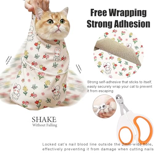 27.6‘’ Cat Grooming Wrap for Cutting Nails (L-27.6'' / Floral rabbit)