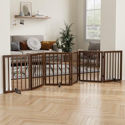 Wooden Dog Gate Freestanding Foldable 6 Panel Pet Gates Extra Wide Dog Gates for Indoor Doorways Stairs 24in Height Support Feet Included (Dark Brown / 6 Panel - 110 inches Wide)