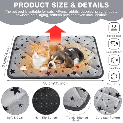 4 Pack Self Warming Cat Bed Self Heating Cat Mat Star Pattern Soft Dog Crate Pad Thermal Pet Mat Anti Slip Kennel Dog Washable Warming Bed for Outdoor Indoor (24 x 35 Inch / Gray)