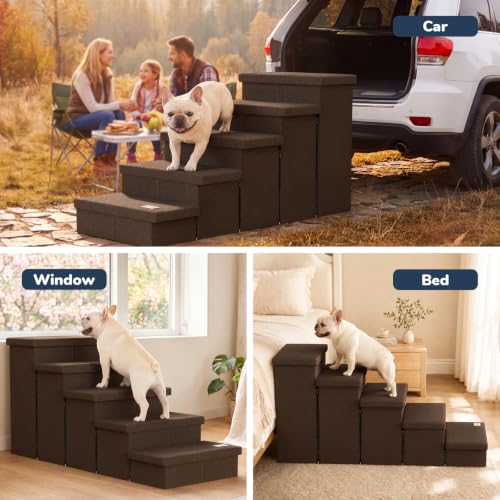 5 Step Wide Dog Stairs with Storage 23" H (Coffee / 50"D x 17"W x 23"H)