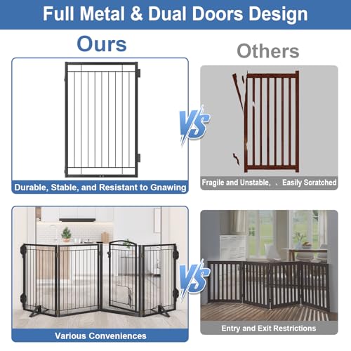 Full Metal Freestanding Dog Gate with Cat Door for Indoor & Outdoor (Black / 【6 Panels with Door】120"W×32"H)