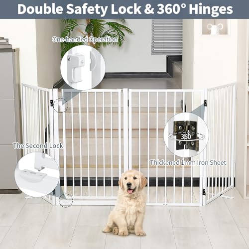 Metal Freestanding Dog Gates with Door for Outdoor Indoor (White / 【4 Panels with Door】 32''H*80''W)