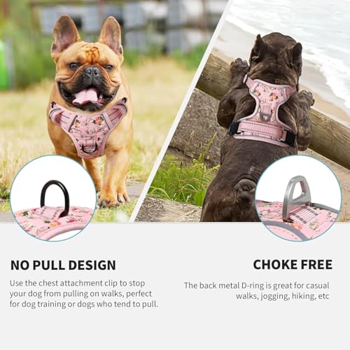 Dog Harness No Pull Adjustable Padded Reflective Harness for Small Medium Large Dogs with Handle for Walking Training (M / Flower-Pink)
