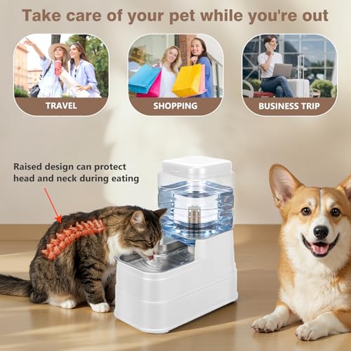 1.1 Gallon Pet Automatic Dog Water Dispenser Cat Gravity Waterer Feeder with Stainless Steel Bowl 8L Large Capacity Puppy Feeding Raised Bowls with Filter (White / 4L(1.1 Gallon))