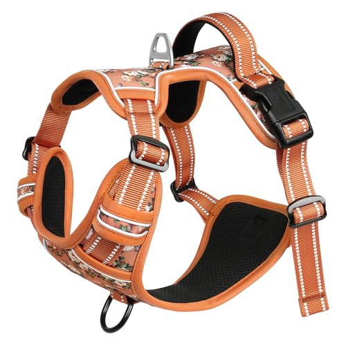 Dog Harness No Pull Adjustable Padded Reflective Harness for Small Medium Large Dogs with Handle for Walking Training (M / Flower-Orange)