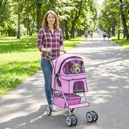 4 Wheel Foldable Pet Stroller (Pink / 4 Wheels)
