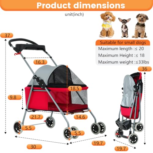 Foldable Pet Stroller for Small (Red)