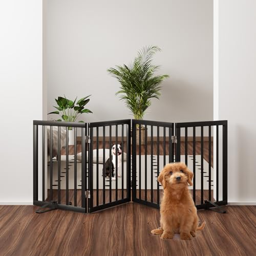 Black 37 74" Dog Gate Foldable Dog Gates for Doorways Stairs House Freestanding Pet Gate Puppy Barries 24 inches Tall (Bamboo Dog Gate Black / 4 Panel - 74 inches Wide)