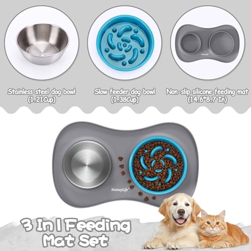 Dog Food and Water Bowl Set 3 in 1 (Small / Gray)