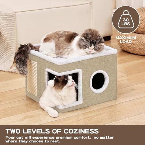 Large Cat Houses for Indoor Cats with Fluffy Ball and Scratch Pad (SingleAK / Large)