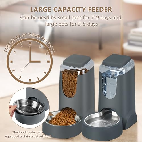 Automatic Cat Feeder and Water Dispenser with Stainless Steel Bowl Dog Gravity Food Feeder and Waterer for Small Medium Pets Puppy Kitten 1 Gallon x 2 (Charcoal gray)