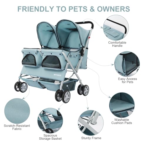 Double Pet Stroller for 2 Small Dogs & Cats (Light Blue)