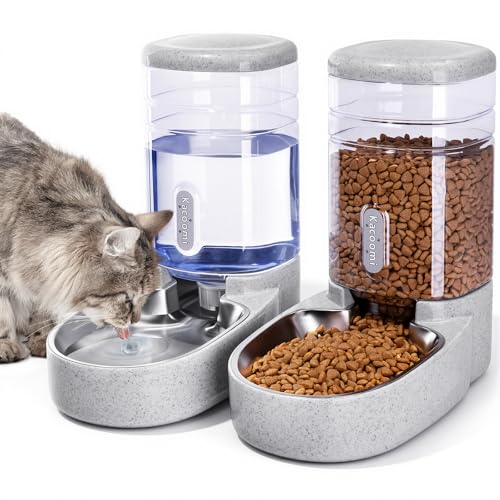 Automatic Cat Feeder and Water Dispenser with Stainless Steel Bowl Gravity Food Feeder and Waterer Set for Small Medium Dog Puppy Kitten 1 Gallon x 2 (Stainless Steel-Grey)