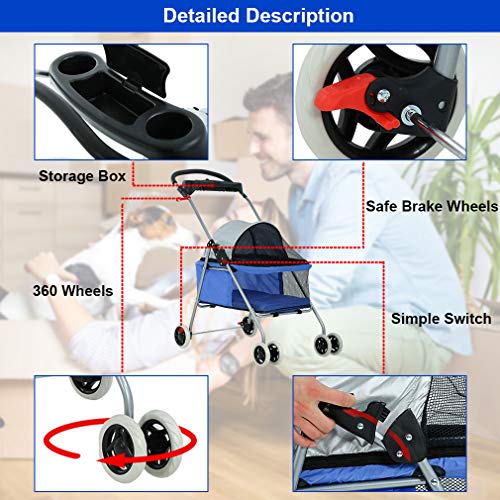 Foldable Pet Stroller for Small (Blue)