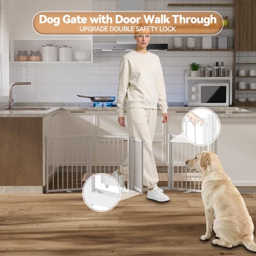 Full Metal Freestanding Dog Gate with Door (【4 Panels】80"W*24H" / White)