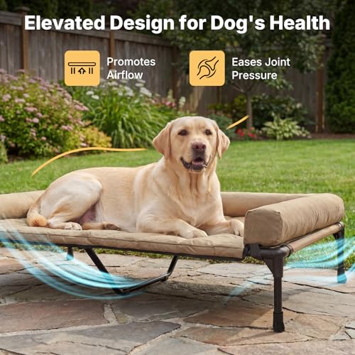 Outdoor Elevated Dog Bed with Waterproof Bolster Cushion (Beige Coffee / 53.0"L x 37.5"W x 9.0"Th)