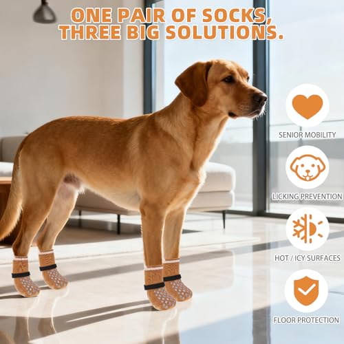 Anti Slip Dog Socks Shoes for Hot Pavement to Prevent Licking Paws Scratching (Khaki / Small (4 Pack))