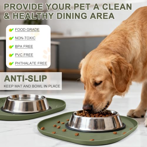 Waterproof Silicone Pet Food Mat with Raised Edge for Dog & Cat (12"L x 12"W / Light Olive Green)