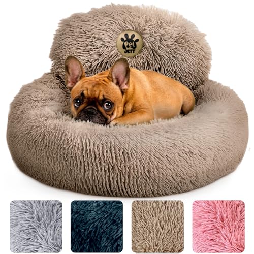 PetJett Calming Dog Beds for Small Dogs (Beige / Small - 23”L x 23”W x 8”Th)
