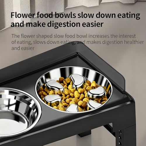 Elevated Dog Bowls with Stainless Steel Slow Feeder Bowl for Medium and Large Dogs (1 Stainless Slow Feeder & 1 Stainless Bowl / Black)