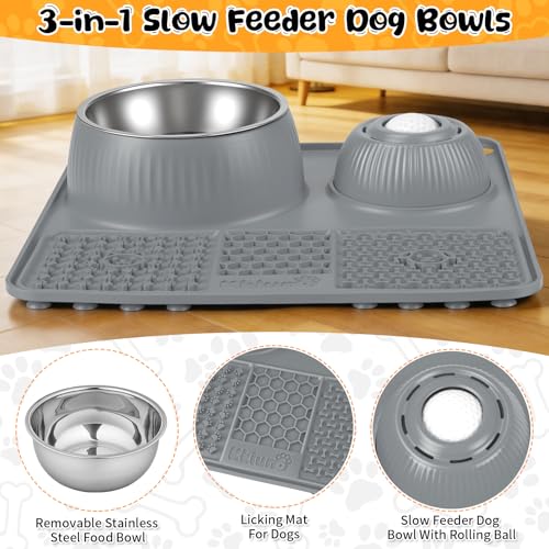 Dog Lick Bowl with Rolling Ball for Liquid and Thick Treat (Gray)