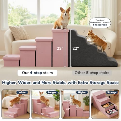 4 Step Wide Dog Stairs with Storage 23" H (Pink / 40"D x 17"W x 23"H)