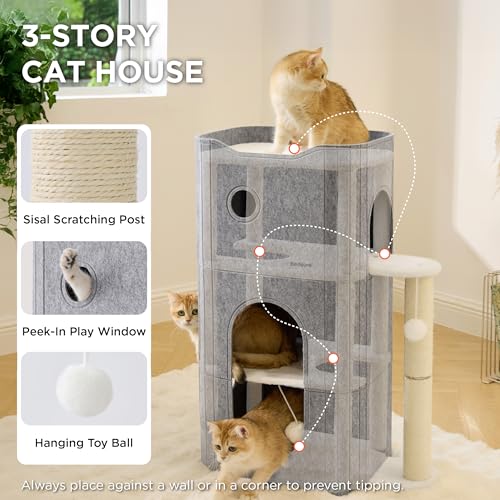 3 Level Cat Tree for Indoor Cats with Scratching Post (Grey / 3-Level)