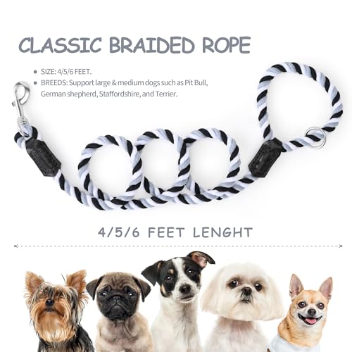 Rainbow Dog Leash Braided Cotton Rope w Leather (Black/Gray / 60 Inch-1/2")