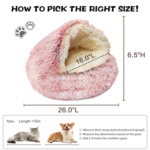 Cat Bed Round Plush Fluffy Hooded Cat Bed Cave (26.0"L x 26.0"W x 6.5"Th / pink)