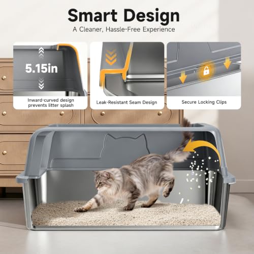High Sided Stainless Steel XL Cat Litter Box for Cats (Dark gray XL)