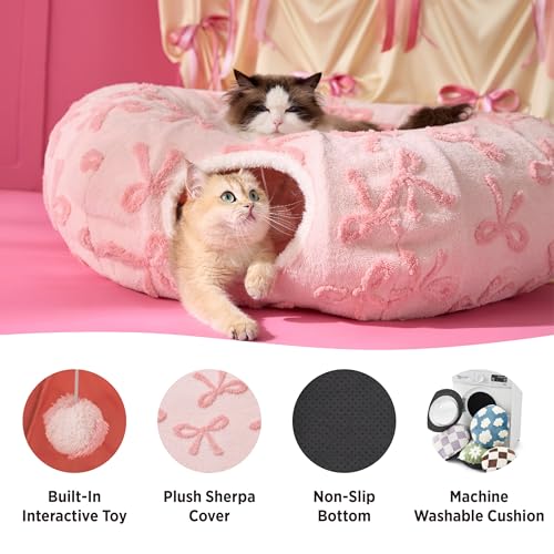 Lesure Donut Cute Jacquard Cat Tunnel Bed Kitten Toys for Puppy Bunny (Standard (33.5"L x 33.5"W x 10"H) / Bow Pink Taffy)