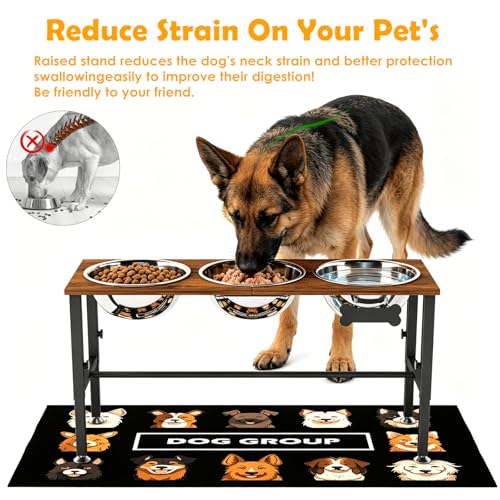 XXLarge Wooden Elevated Dog Bowl Stand (Brown-XX, 3 Bowls / Height:11.8 in-17.7 in)