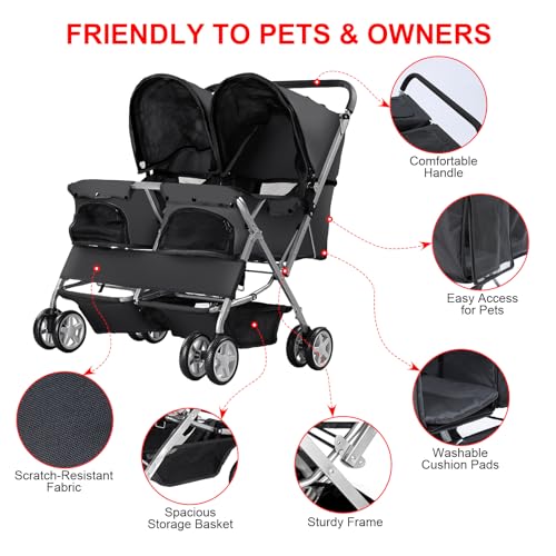 Double Pet Stroller for 2 Small Dogs & Cats (Black)
