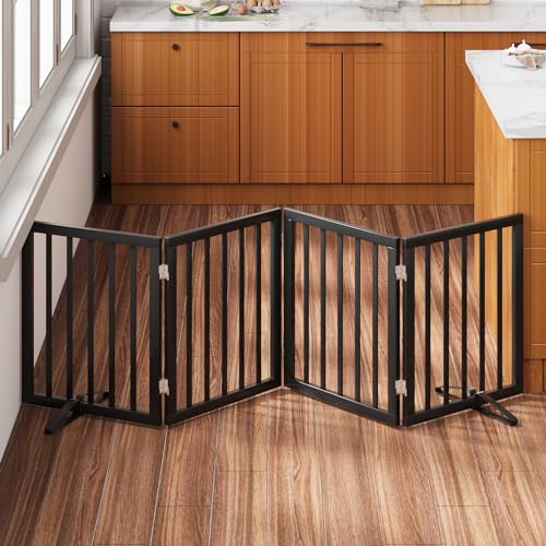 Black 37 74" Dog Gate Foldable Dog Gates for Doorways Stairs House Freestanding Pet Gate Puppy Barries 24 inches Tall (Bamboo Dog Gate Black / 4 Panel - 74 inches Wide)