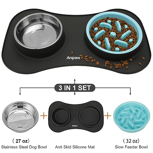 Slow Feeder Dog Bowls 3 in 1 Stainless Steel Food Water Bowl to Slow Eating (Large Breed / Dark Grey)
