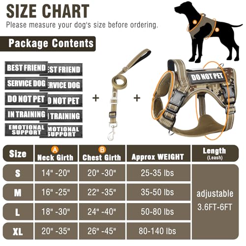 Tactical Dog Harness and Leash Set with 10 Patches for Large Dogs (Large / Desert Camo)