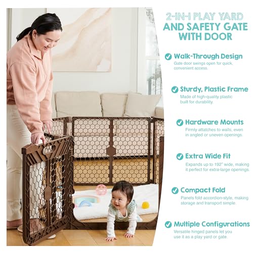 Safety 192" Plastic Super Wide Baby Gate & Play Yard with Door (Brown w/ Door)