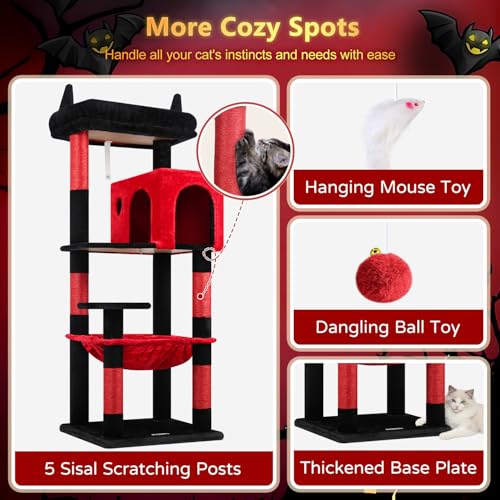 Gothic Cat Tree Tower with Scratching Post for Indoor Cats (Red Black / L)