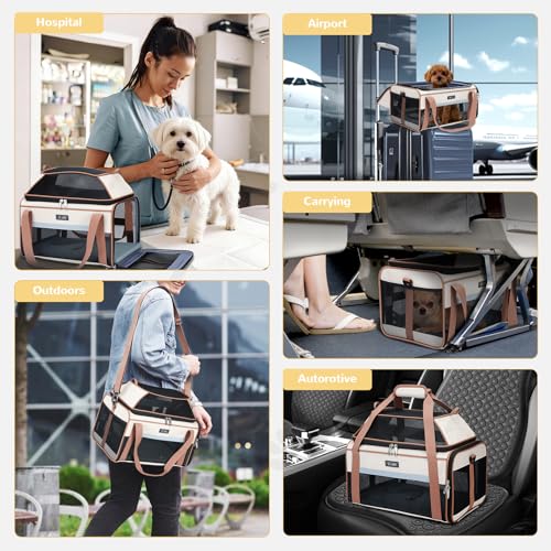 Top Expandable Pet Carrier 17x11x9.5 Inch Alaska Hawaiian Airline Approved Soft Sided Underseat to 12lbs Travel Carriers for Small Dogs and Cats with Locking Safety Zippers Anti (Khaki)